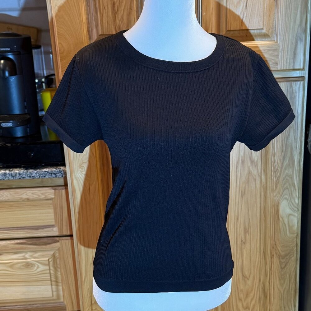 Loft‎ Black Ribbed Top, Short Sleeve, Size M/L, NWOT